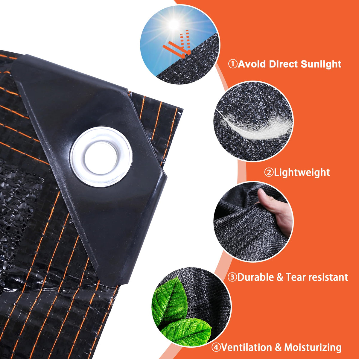 MKMJ reinforced-corner shade cloth emphasizing secure hanging and edge protection.