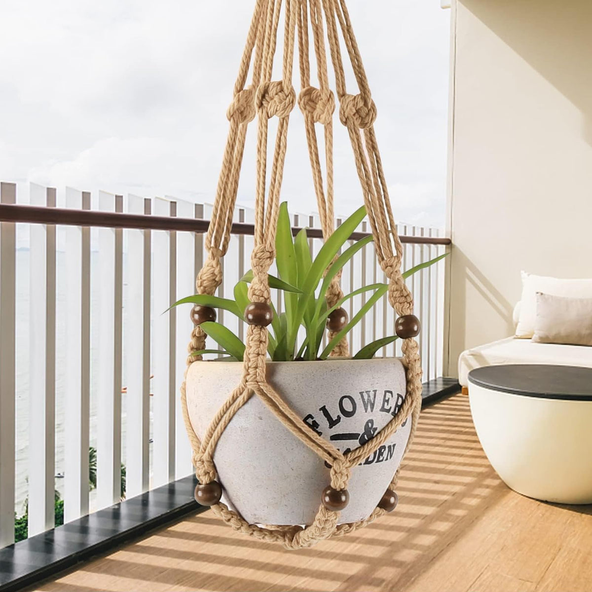 MKO SHUN macrame plant hanger 30-inch with beads ideal for balcony greenery