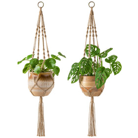 Mkono 2-pack macrame plant hanger with four legs supports larger pots indoors.