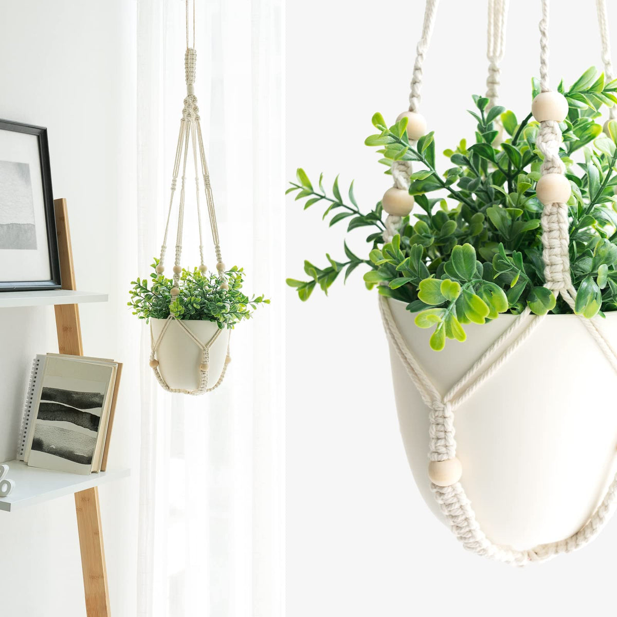 Mkono 3-pack ivory beads macrame hangers for versatile indoor plant display.