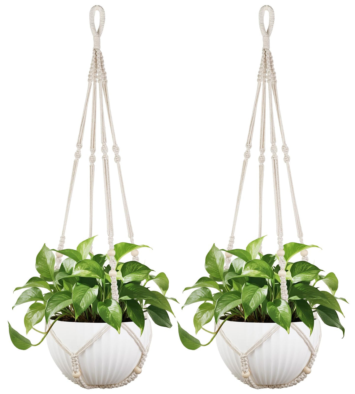 Mkono 43-inch ivory macrame plant hanger with large pot, ideal for indoor decor