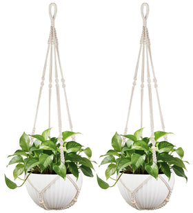 Mkono 43-inch ivory macrame plant hanger with large pot, ideal for indoor decor