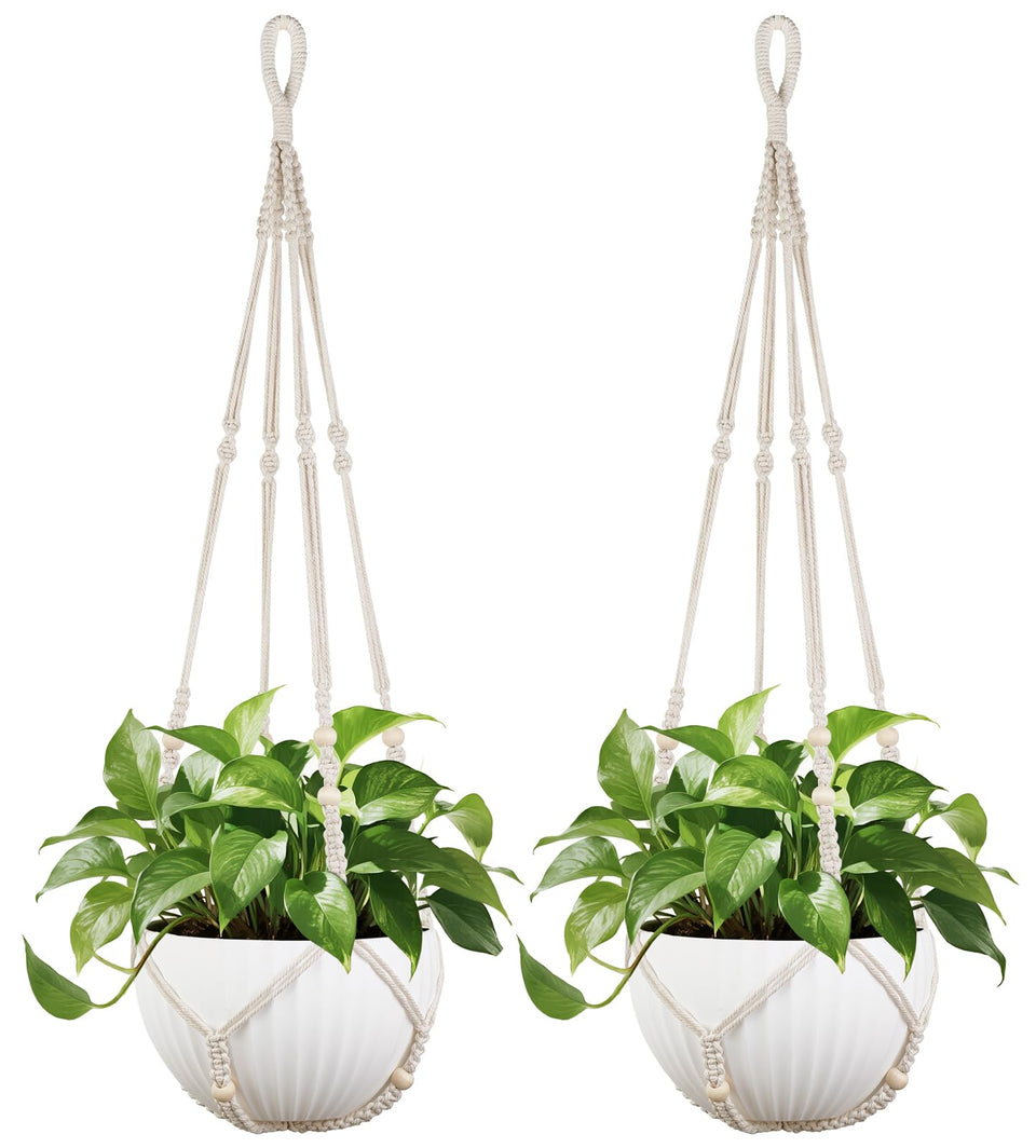 Mkono 43-inch ivory macrame plant hanger with large pot, ideal for indoor decor