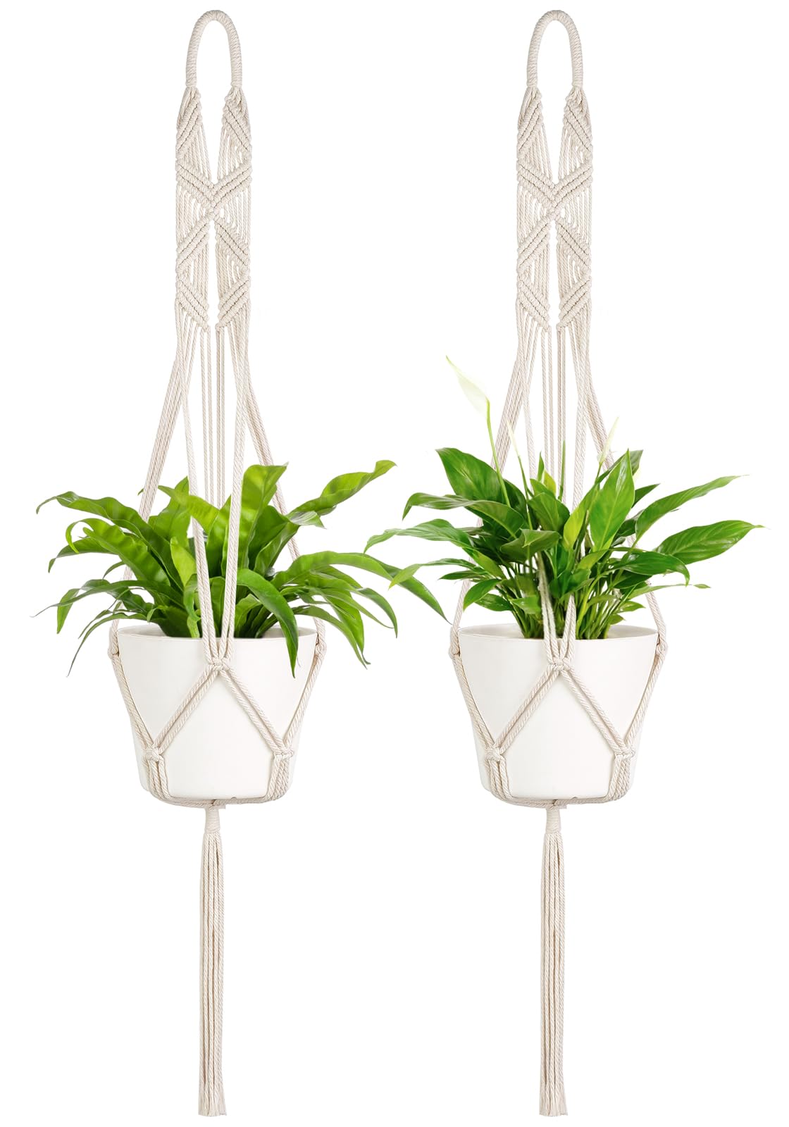 Mkono 43-inch macrame plant hanger, two-pack, ideal for 12-inch pots.
