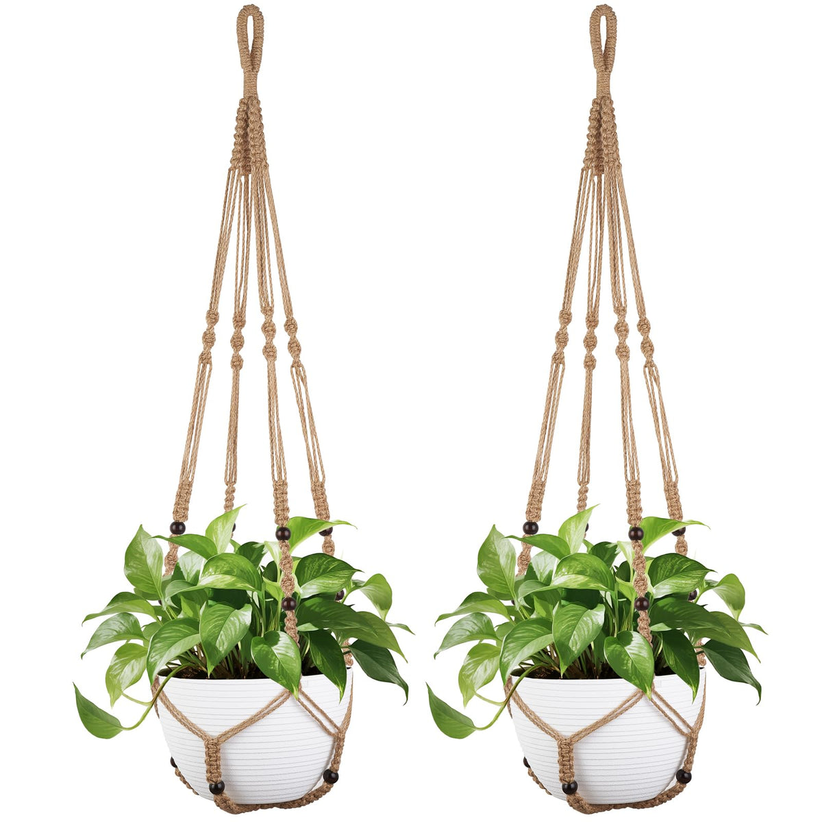 Mkono 43-inch macrame plant hanger in brown with wood beads, ideal for 12-inch pots
