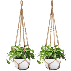 Mkono 43-inch macrame plant hanger in brown with wood beads, ideal for 12-inch pots