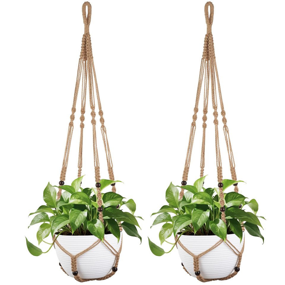 Mkono 43-inch macrame plant hanger in brown with wood beads, ideal for 12-inch pots