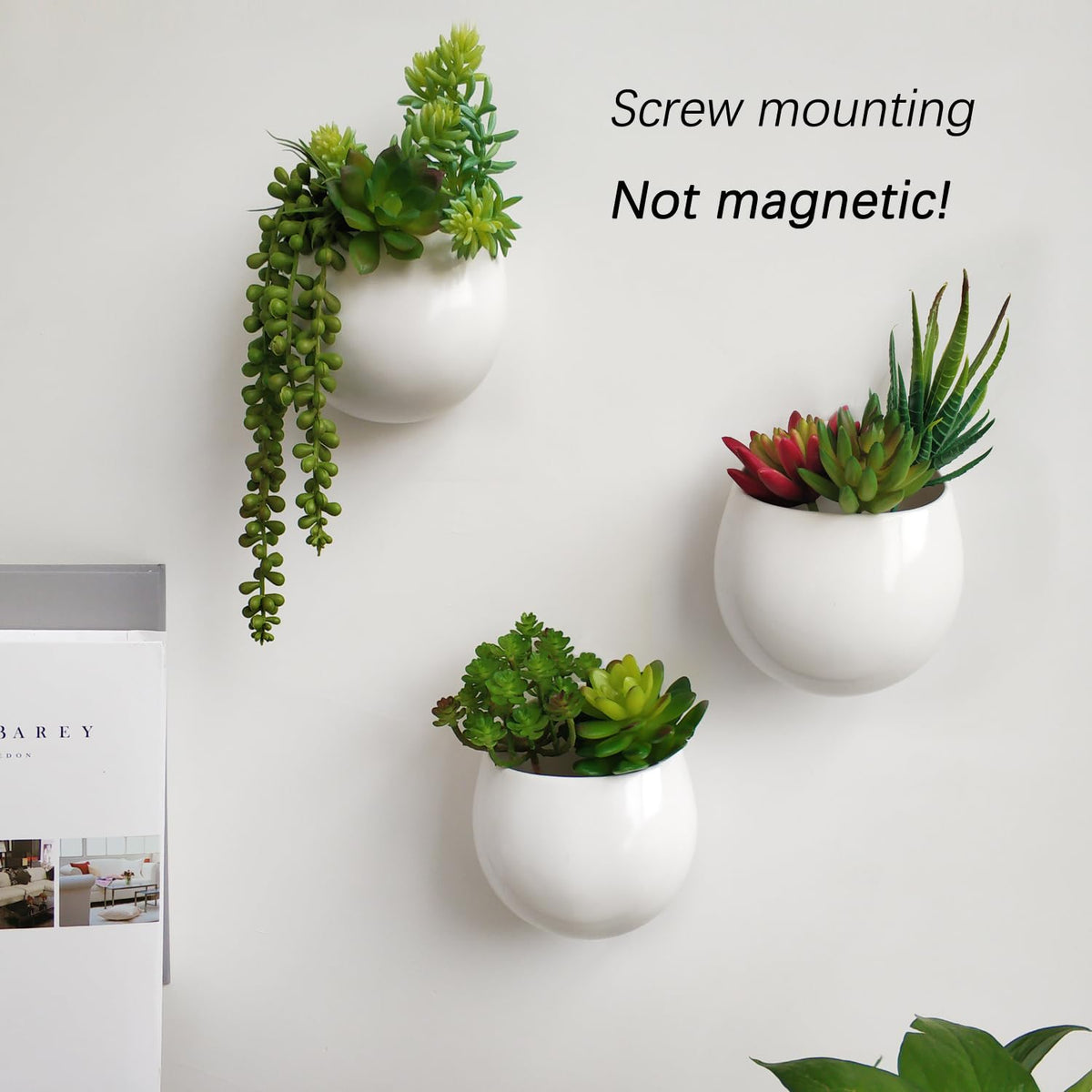 Mkono decorative wall planter trio featuring lifelike succulents, ideal for dorm rooms.