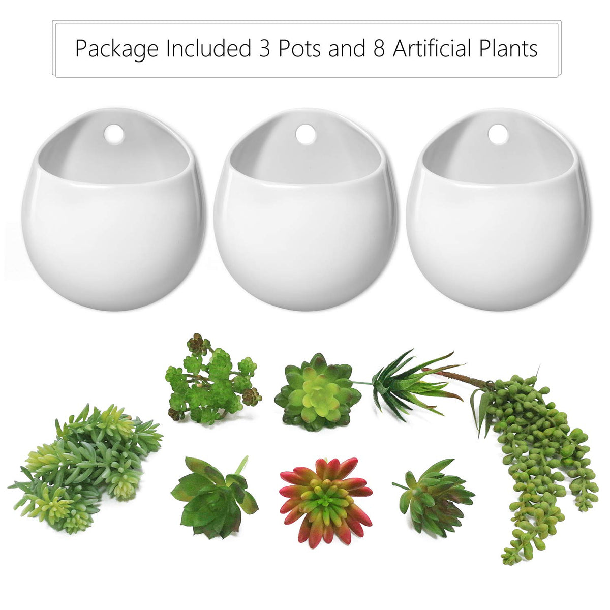 Mkono ceramic wall planters with assorted faux succulents, suited for living rooms.