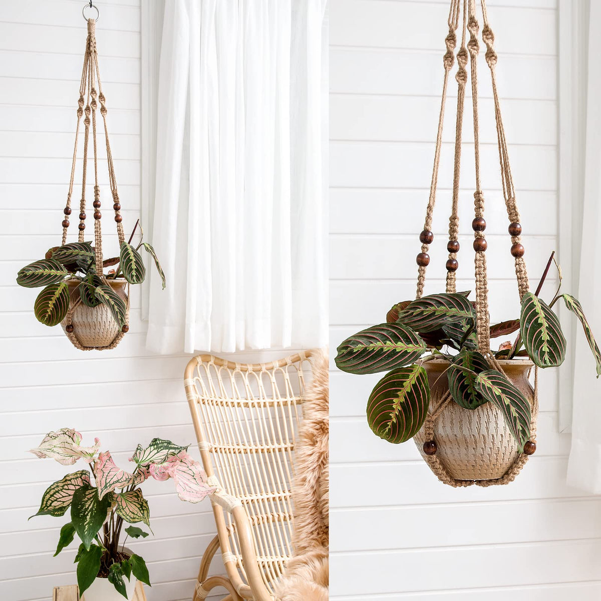 Mkono hanging plant stand crafted from cotton cord, supports various planter shapes.