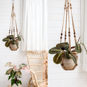 Mkono hanging plant stand crafted from cotton cord, supports various planter shapes.