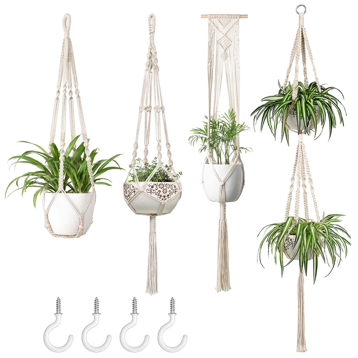 Mkono ivory macrame hanger 4pc set for chic indoor plant display.