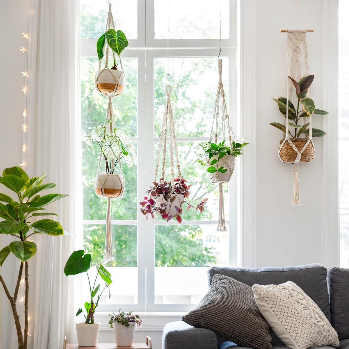 Mkono ivory macrame hanger wall display for balcony or living room.