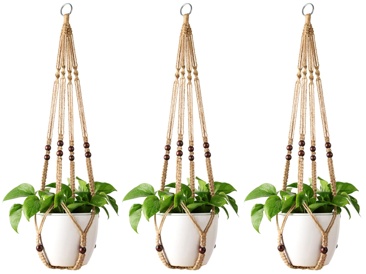 Mkono macrame plant hanger 35 inch with wood beads, ideal for indoor living room greenery.