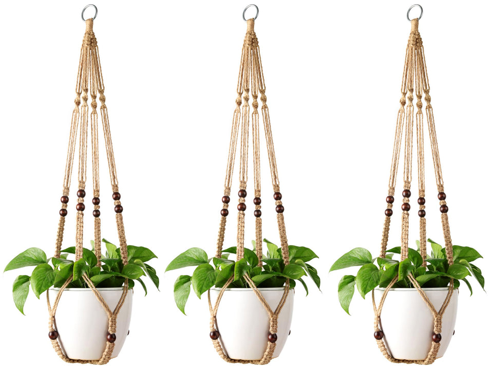 Mkono macrame plant hanger 35 inch with wood beads, ideal for indoor living room greenery.