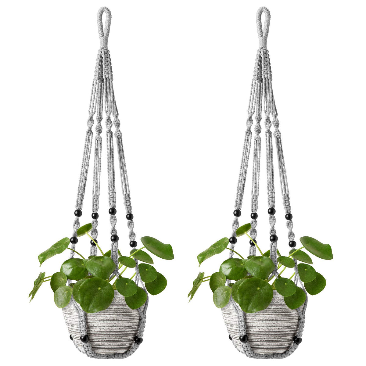 Mkono macrame plant hanger in grey with wood beads, durable decor for indoor greenery.