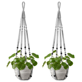 Mkono macrame plant hanger in grey with wood beads, durable decor for indoor greenery.