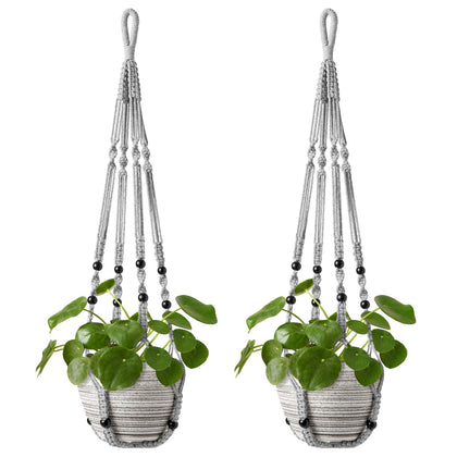 Mkono macrame plant hanger in grey with wood beads, durable decor for indoor greenery.