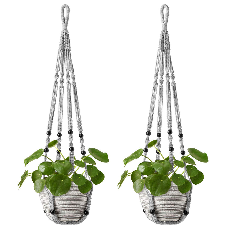 Mkono macrame plant hanger in grey with wood beads, durable decor for indoor greenery.