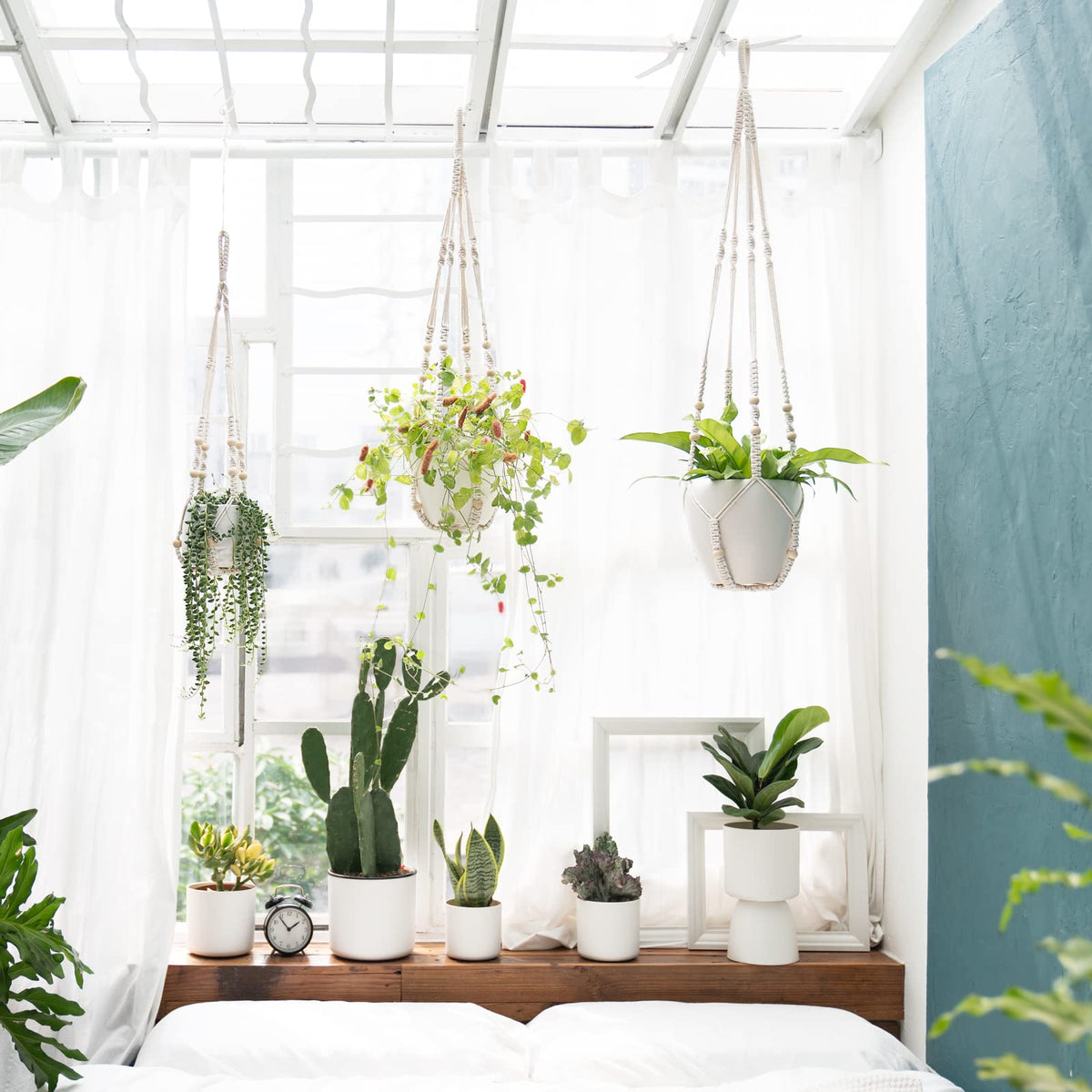 Mkono ivory macrame plant hanger, 35-inch, ideal for mid-sized planters.