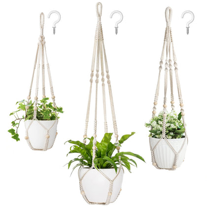 Mkono macrame plant hanger in ivory, 43-inch for wall display and larger pots.