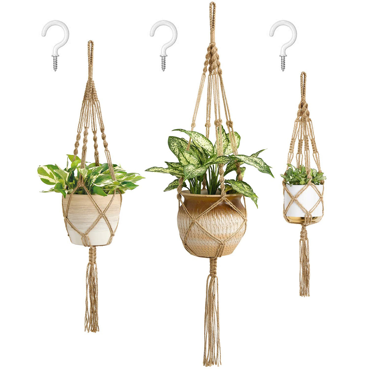 Mkono macrame plant hangers trio displayed together for versatile indoor decor.