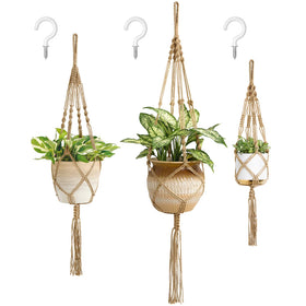 Mkono macrame plant hangers trio displayed together for versatile indoor decor.