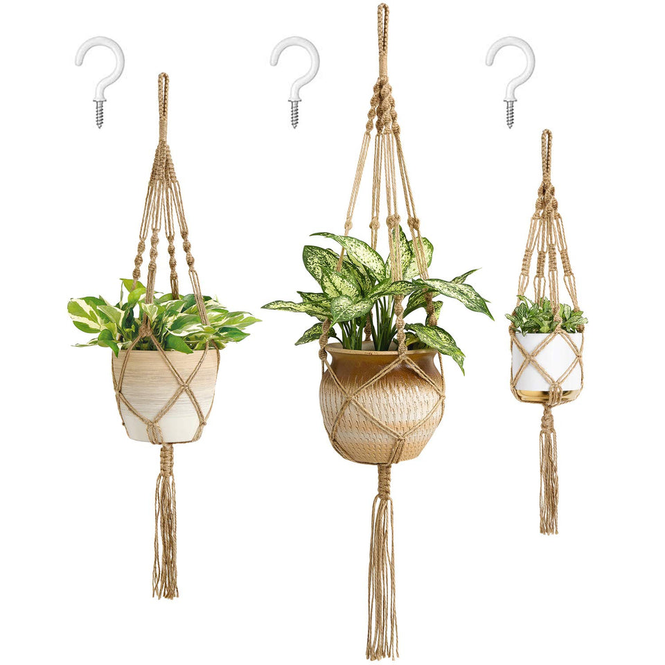 Mkono macrame plant hangers trio displayed together for versatile indoor decor.