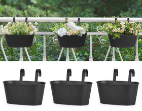 Mkono metal railing planter box 3-pack mounted on rail, ideal for herbs and flowers.