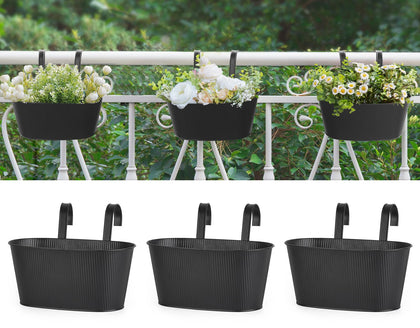 Mkono metal railing planter box 3-pack mounted on rail, ideal for herbs and flowers.