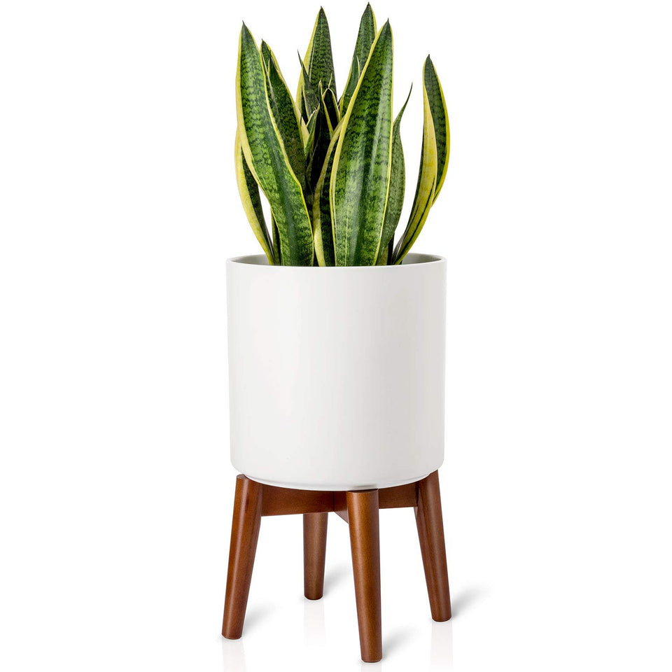 Mkono mid-century plant stand brown front view; supports up to 10-inch pots