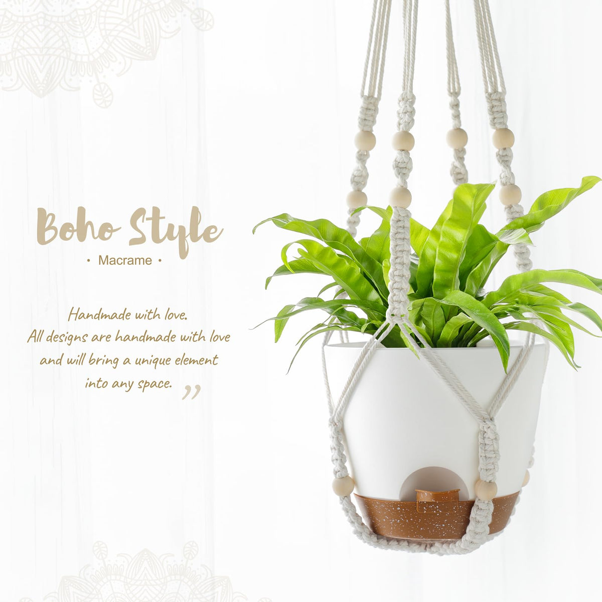 Two Mkono planters hung together in a cozy living room.