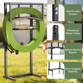 MLICAWU hose holder storage basket highlights built-in space for nozzles and gloves.