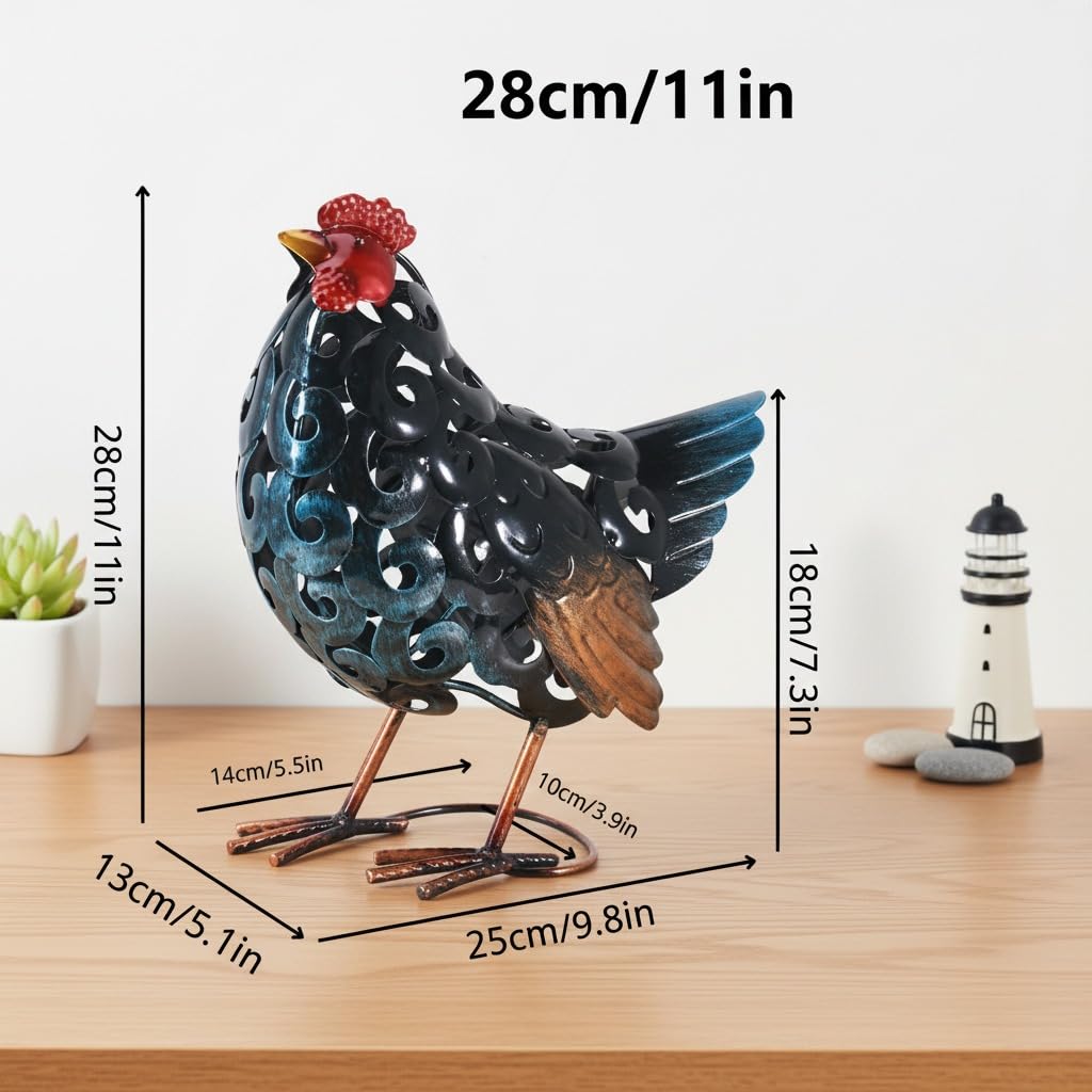 Mloarts chicken statue in garden, backyard display with vivid colors
