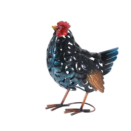 Mloarts chicken statue, front view, bright retro metal garden decor for outdoor display