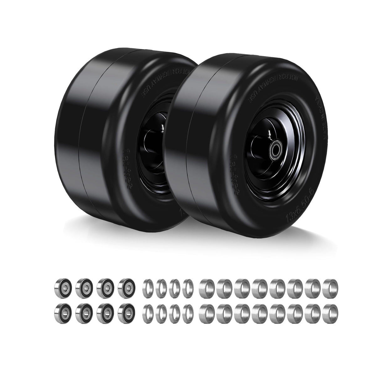 MLOGIUI 13x6.50-6 flat-free tire side view with adjustable hub for zero-turn mowers