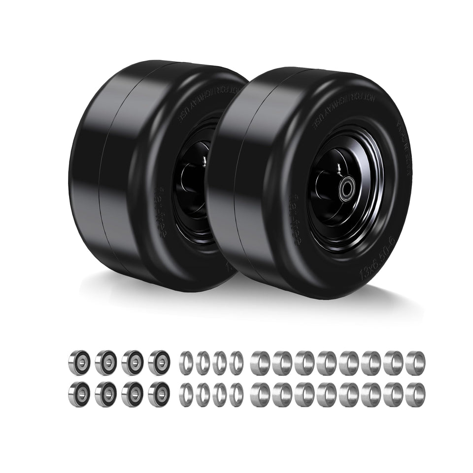 MLOGIUI 13x6.50-6 flat-free tire side view with adjustable hub for zero-turn mowers