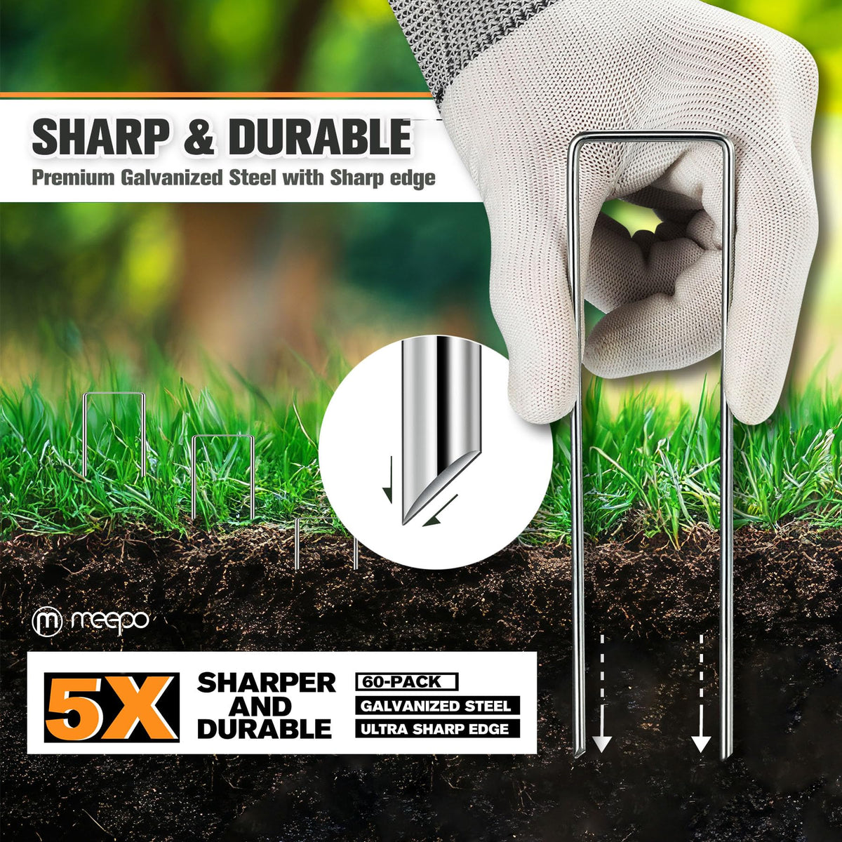 Beveled-edge M MEEPO stake for easier soil penetration.