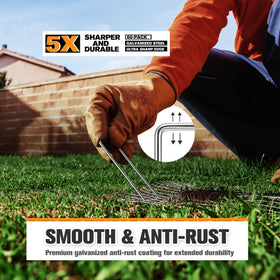 Six-inch stakes anchor weed barriers and fabric securely.