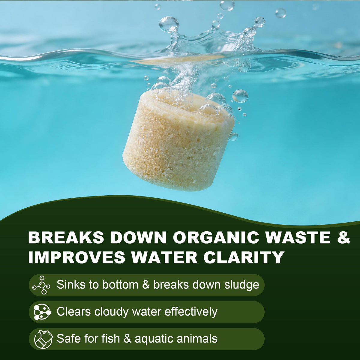 MMFVCL Muck Reducer tablets dissolving bottom-up releasing enzymes.
