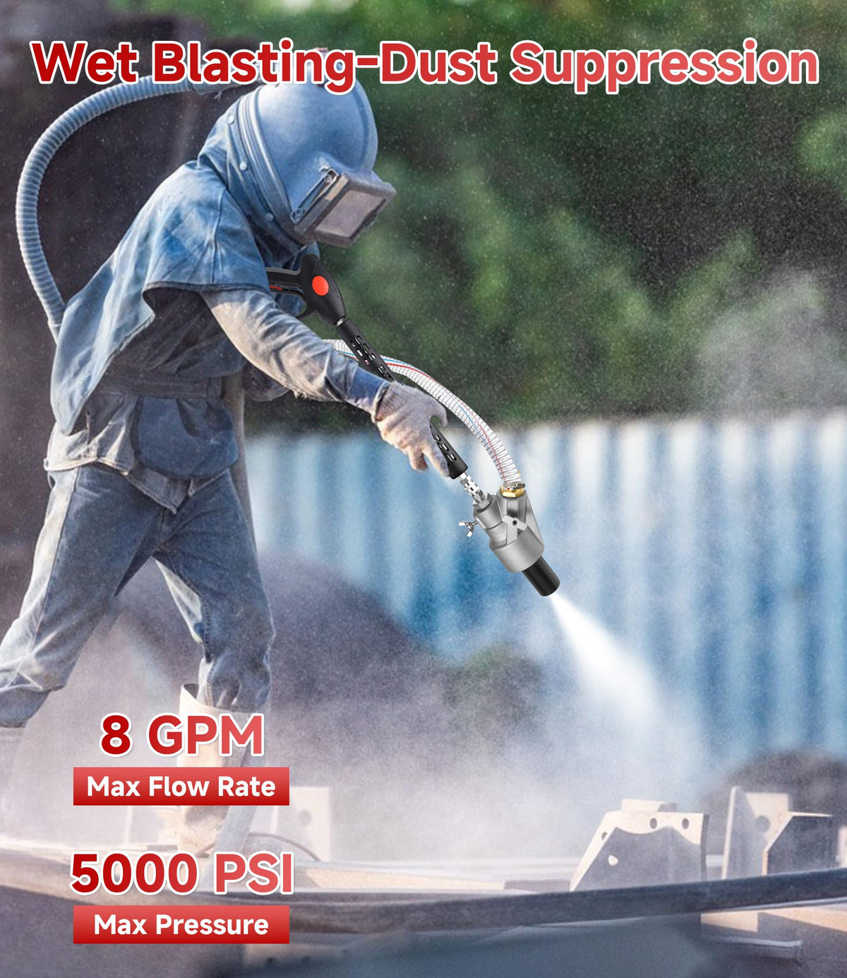 M MINGLE 18-foot hose extends reach for flexible blasting on large surfaces.