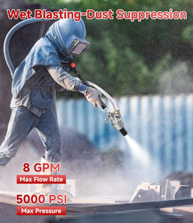M MINGLE 18-foot hose extends reach for flexible blasting on large surfaces.