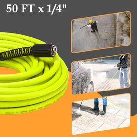 M MINGLE 50 ft hose stays flexible and non-marking on surfaces.