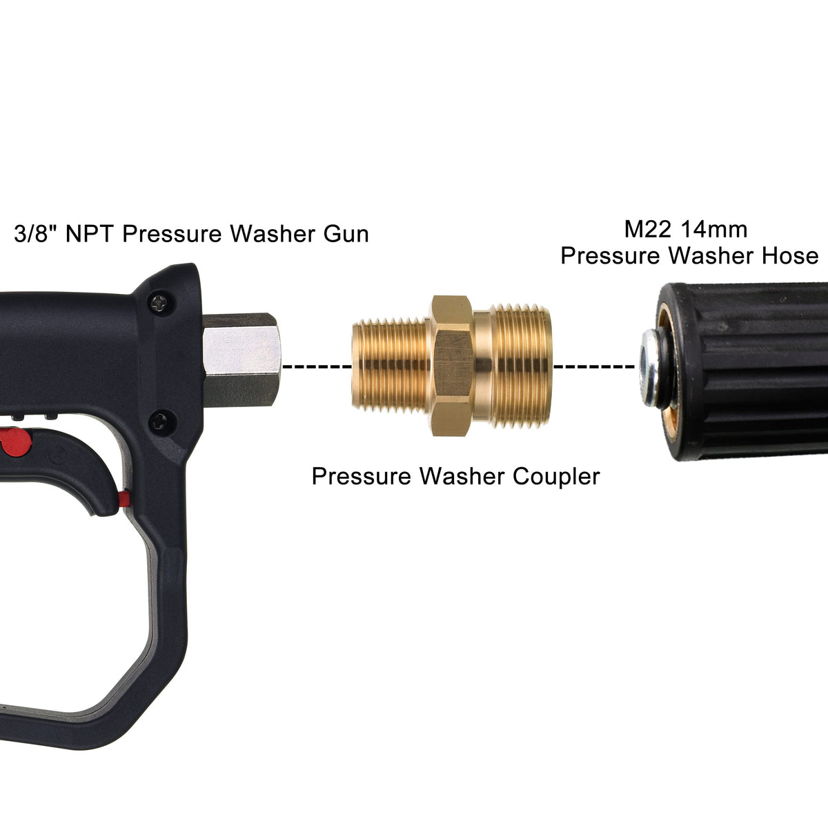 M MINGLE adapter linking pressure washer gun to hose for streamlined workflow.
