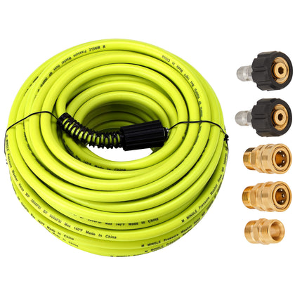MMINGLE 100 ft hose coiled neatly for easy storage and quick deployment.