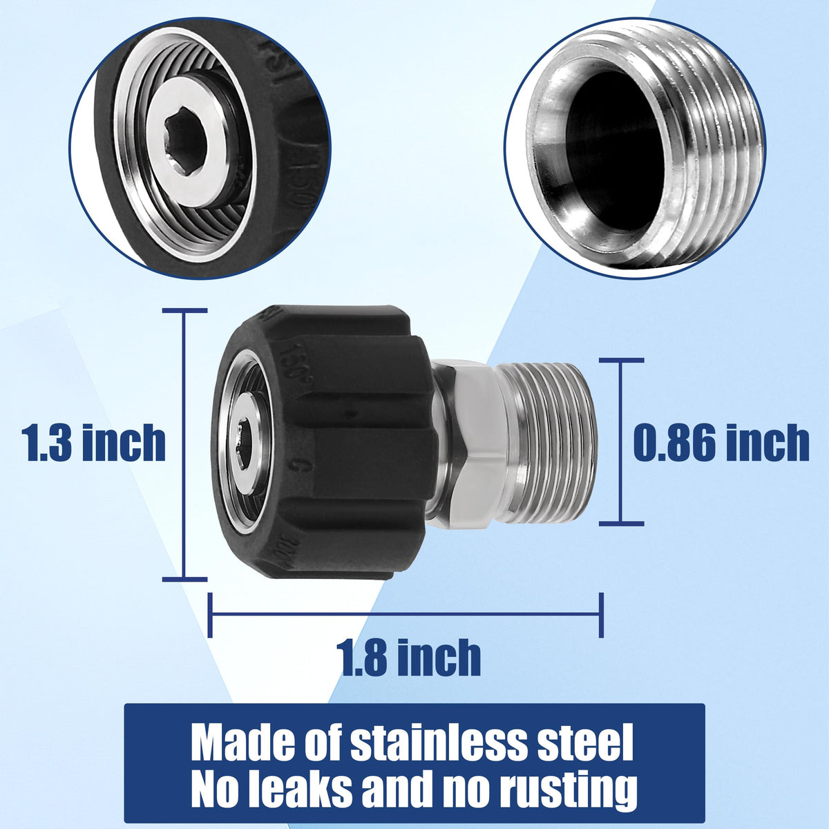 M MINGLE stainless steel adapter provides durable, rust-resistant fittings.