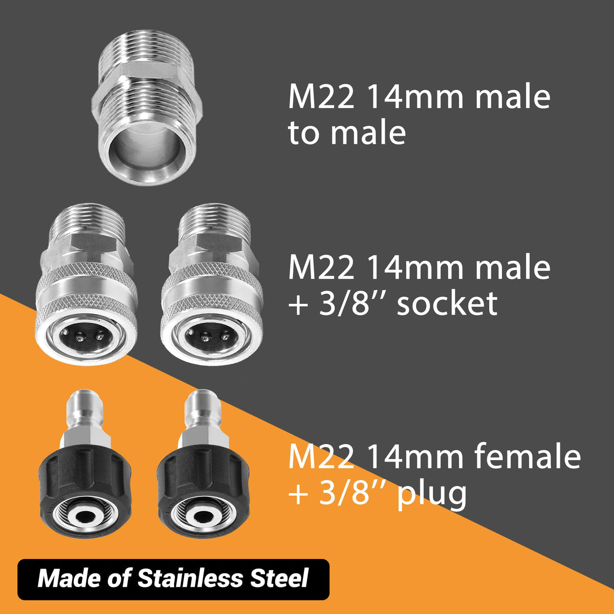 M MINGLE stainless steel quick-connect improves setup speed during outdoor cleaning.