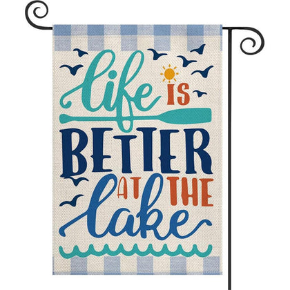 MMIUAEG Life Is Better At The Lake garden flag, 12x18 inches, ideal for outdoor decor.