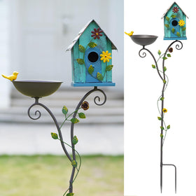 MNRYLKB 52-inch metal bird bath with birdhouse on pole for garden decor and bird visits.