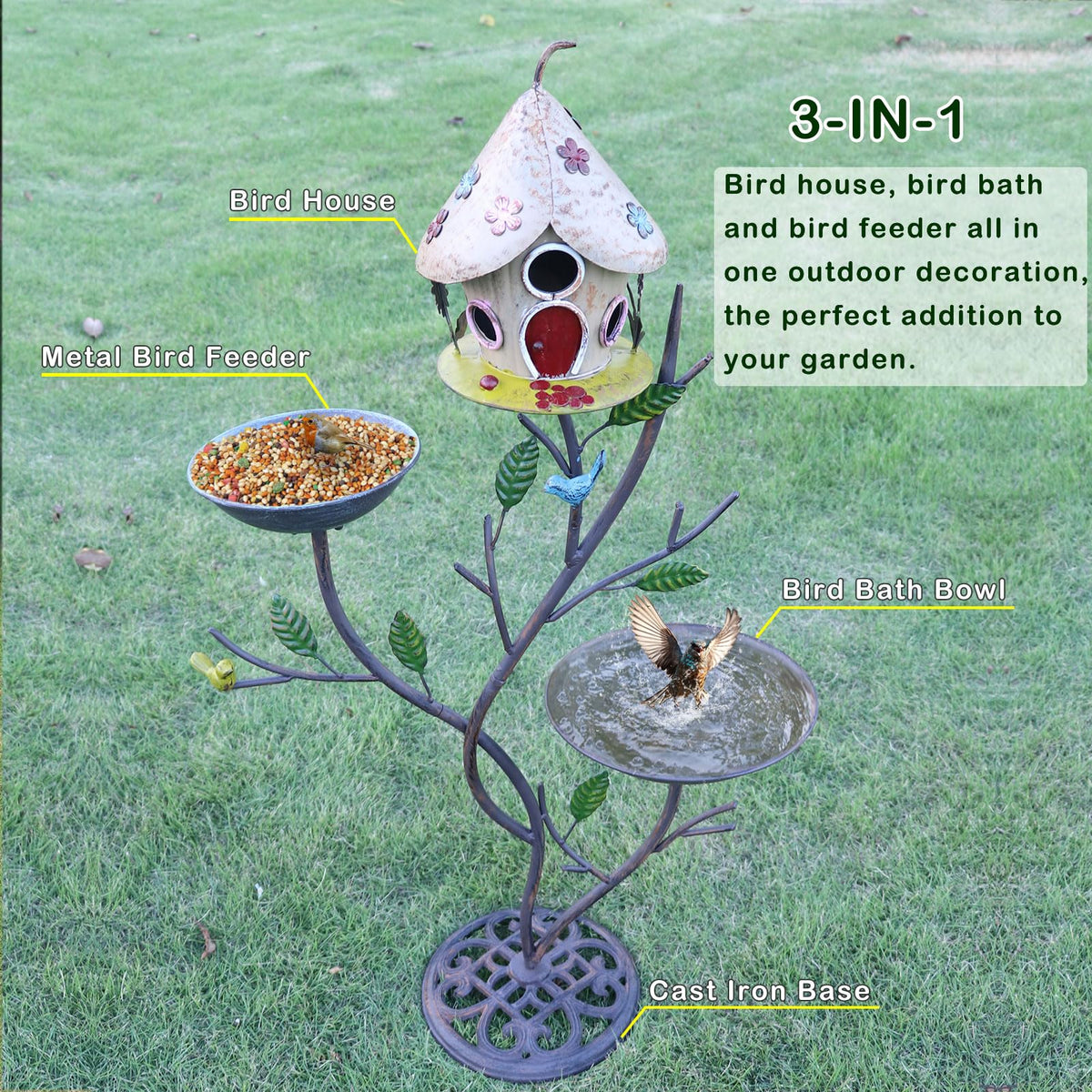 MNRYLKB 3-in-1 design combines bath, feeder, and house in one unit.